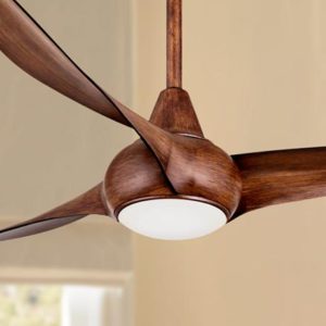A ceiling fan with wood blades and a light kit. 