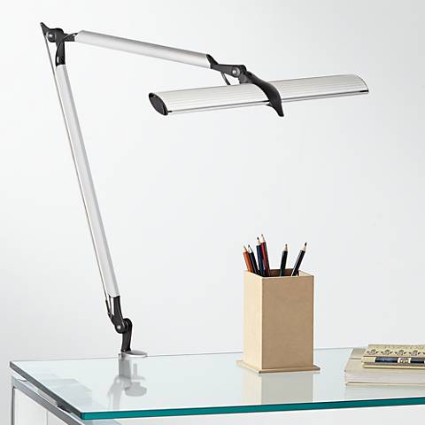 A silver LED clamp desk lamp.